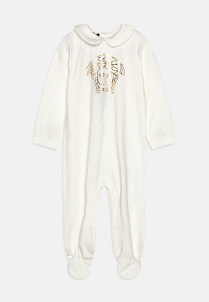 Witte, lange mouwen rompert met een ronde kraag, voorzien van een gouden Medusa-hoofdprint op de voorkant en een voetstuk ontwerp.