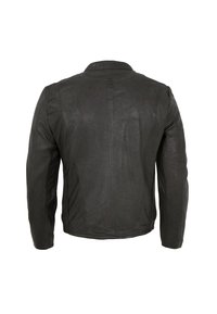 Schwarze Lederjacke mit taillierter Passform. Verfügt über einen geraden Kragen und feine Nähte an den Seiten und auf dem Rücken. Glatte Textur.