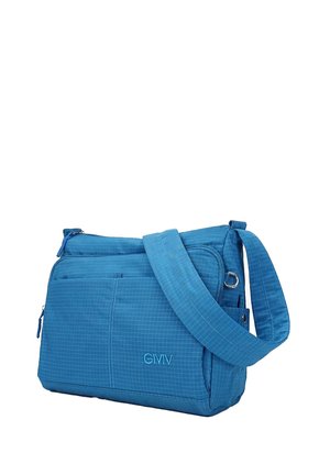 Sac besace bleu avec plusieurs compartiments zippés et bandoulière ajustable, présentant un motif à carreaux subtil et un logo GMV.