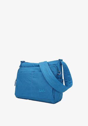 Sac besace bleu avec plusieurs compartiments zippés et bandoulière ajustable, présentant un motif à carreaux subtil et un logo GMV.