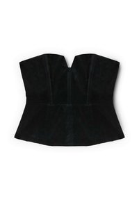 Czarny bezrękawnik typu gorsetowego z delikatnym dekoltem w kształcie serca i dopasowaną talią, wykonany z materiału przypominającego zamsz.