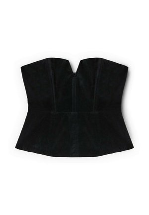 Czarny bezrękawnik typu gorsetowego z delikatnym dekoltem w kształcie serca i dopasowaną talią, wykonany z materiału przypominającego zamsz.