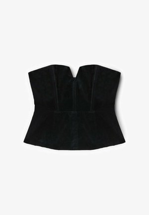 Czarny bezrękawnik typu gorsetowego z delikatnym dekoltem w kształcie serca i dopasowaną talią, wykonany z materiału przypominającego zamsz.