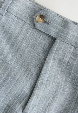 Light grey, vertical striped fabric featuring a smooth texture, with a single button closure at the waist and tailored pleats.