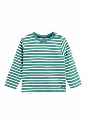 Grün-weiß gestreiftes Langarmshirt mit Rundhalsausschnitt. Verfügt über Knopfakzente an den Schultern und ein Logo unten rechts. Weicher Stoff.