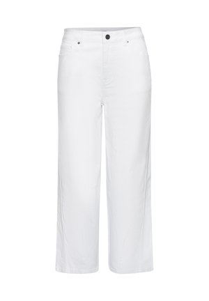 Weiße, gekürzte Hose mit hohem Bund, Knopf- und Reißverschluss, Vorder- und Gesäßtaschen sowie geradem Bein.