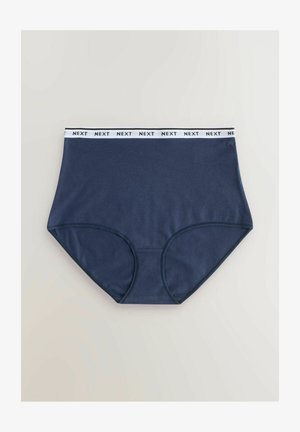 Granatowe bawełniane figi o wysokim stanie z białą elastyczną gumką z powtarzającym się napisem "NEXT". Gładka tekstura i klasyczny design.