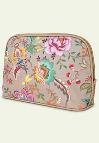 Bloemige cosmeticabezit met een beige achtergrond, versierd met levendige bloemen in roze, groen en oranje. Afgerond met gouden hardware en een rits.