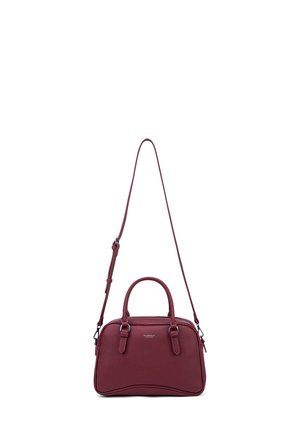Burgundy handbag with a textured finish, dual handles, and an adjustable shoulder strap. Features a rounded shape and silver-tone hardware.