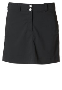 Czarna spódnica z materiału, z dopasowaną talią, dwiema białymi guzikami z przodu oraz bocznymi kieszeniami. Prosty dół, gładka tekstura i minimalne detale.