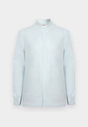 Button-up long-sleeve men's shirt in light blue with a mandarin collar and white buttons down the front.