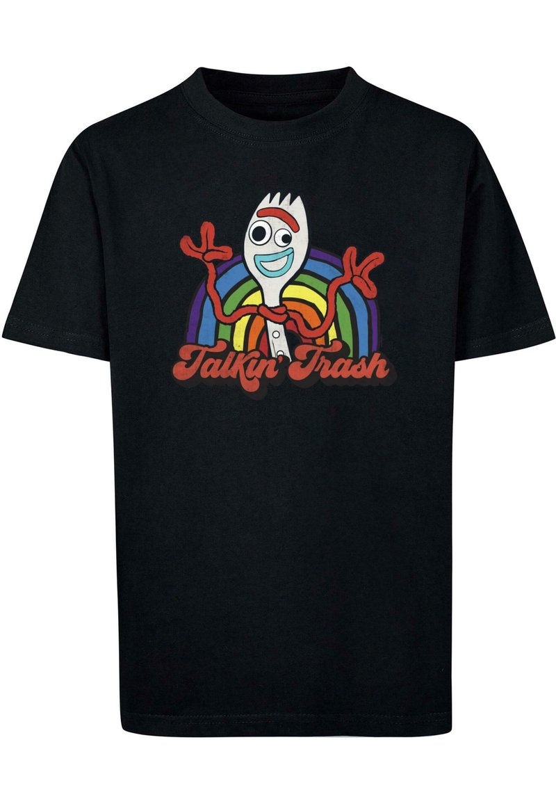 Sort t-shirt i sort bomuld med et cartoon-gaffelkarakter med et smilende ansigt, arme hævet, og teksten "Talkin' Trash" i fede røde bogstaver nedenfor.