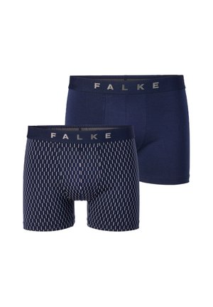 Due paia di boxer da uomo blu navy, uno tinta unita e uno con motivo a trattini bianchi verticali, entrambi con "FALKE" in vita.