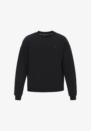 Czarna bluza wykonana z miękkiego materiału, z okrągłym dekoltem, obniżonymi szwami na ramionach i małym logo kotwicy na piersi.