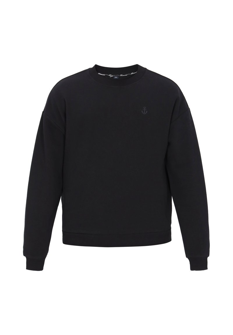 Svart sweatshirt av mjukt tyg, med rund halsringning, sänkta axelsömmar och en liten ankarläge på bröstet.