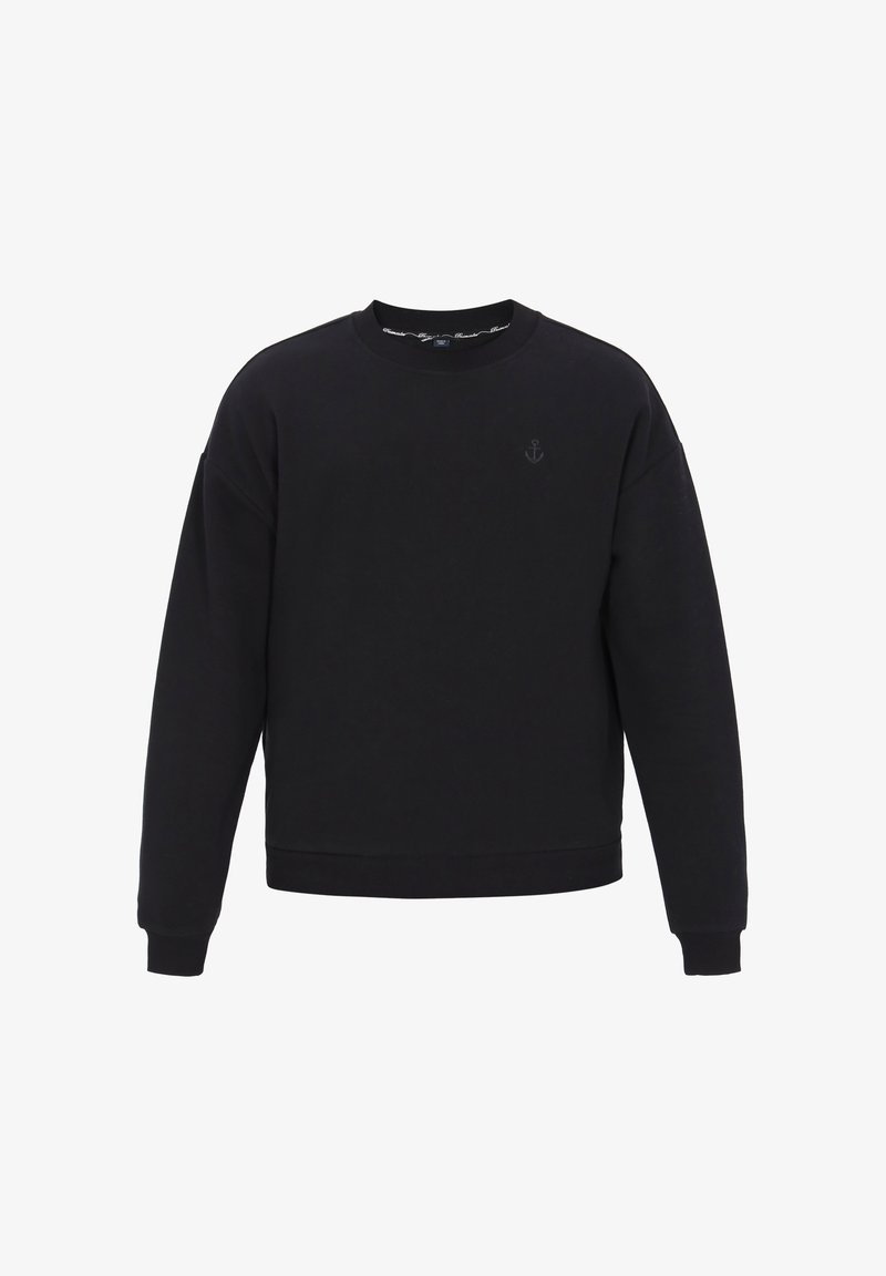 Svart sweatshirt av mjukt tyg, med rund halsringning, sänkta axelsömmar och en liten ankarläge på bröstet.