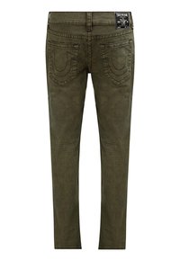 Olijfgroene skinny jeans van denim met een gladde textuur. Bevat twee achterzakken met gebogen stiksels en een zwart merketiket boven de tailleband.