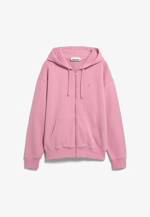 Lichtroze zip-up hoodie met voorzakken, capuchon met trekkoord en lange mouwen, plat gelegd op een witte achtergrond.