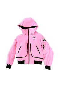 Lyserød vandtæt jakke med hætte, sorte detaljer, flere lommer med lynlås og ribstrikkede manchetter. Har et logo på brystet og ærmet.