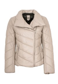 Beige gesteppte Lederjacke mit weitem Kragen, Frontreißverschluss und zwei seitlichen Taschen. Verfügt über eine glatte Textur und eine rautenförmige Steppnaht.