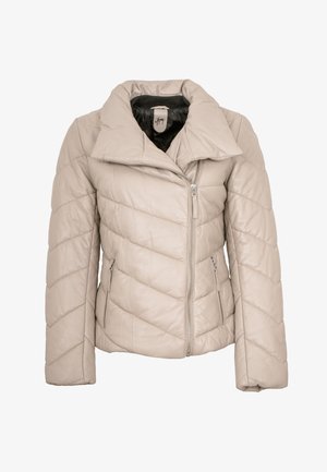 Beige leather quilted jacket with a wide collar, zippered front, and two side pockets. Features diagonal stitching and a soft lining.