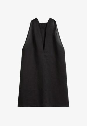 Tunique noire sans manches avec un décolleté en V profond. Fabriquée en tissu léger, elle présente une silhouette décontractée et un design minimal sans coutures visibles.