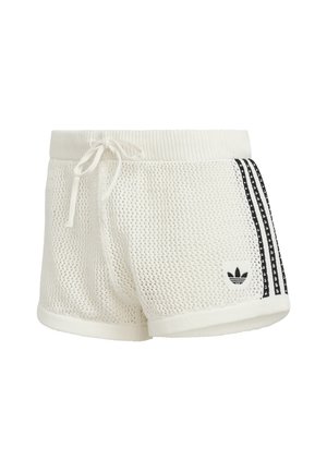 Biele sieťované šortky s elastickým pásom na šnúrku, s čiernymi tromi pruhmi na boku a vyšívaným logom vpredu.
