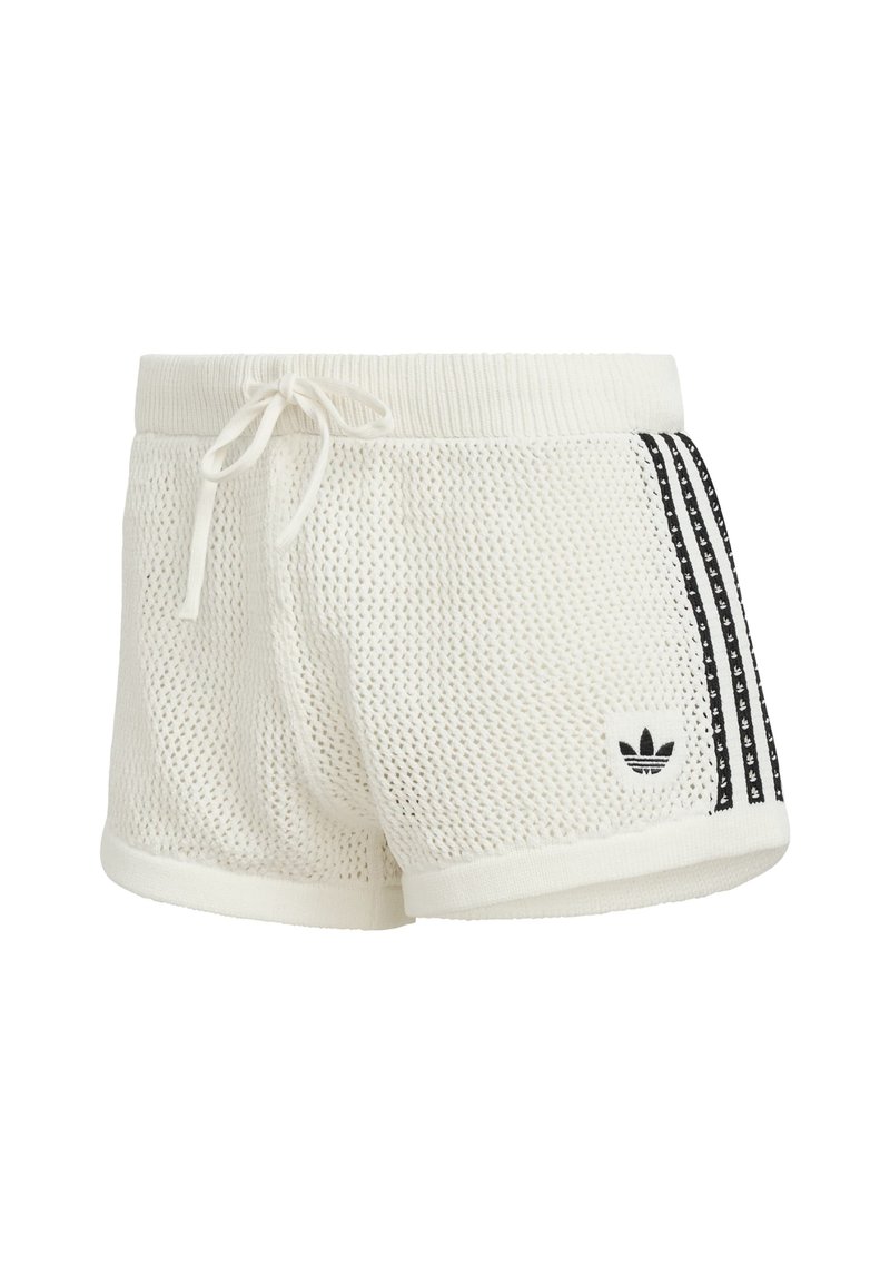 Pantaloncini bianchi in mesh con vita regolabile a coulisse, caratterizzati da tre strisce nere laterali e un logo ricamato sul davanti.