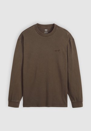 Brown long-sleeve t-shirt made of cotton, featuring a round neckline and elastic cuffs. Small logo printed near the chest.