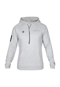 Men’s gray hoodie made of soft fabric, featuring a front pocket, drawstring hood, and logo detail on the chest and sleeve.