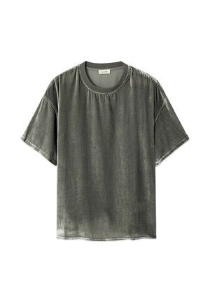 Graues T-Shirt mit kurzen Ärmeln und Rundhalsausschnitt, das eine leicht gewaschene, verblasste Textur sowie sichtbare Nähte an Schultern und Ärmeln aufweist.