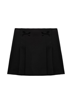 Falda negra plisada con dos lazos decorativos en la cintura, hecha de una tela suave con un diseño limpio y estructurado.