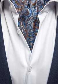 Vit skjorta med en blå och brun paisleymönstrad slips, mot en mörk marinblå kavaj med knappar och en slät yta.