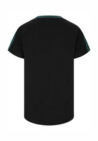 Sort kortærmet t-shirt med grønne detaljer på skuldrene, rund halsudskæring og glat, let stof. Enkelt, klassisk design.