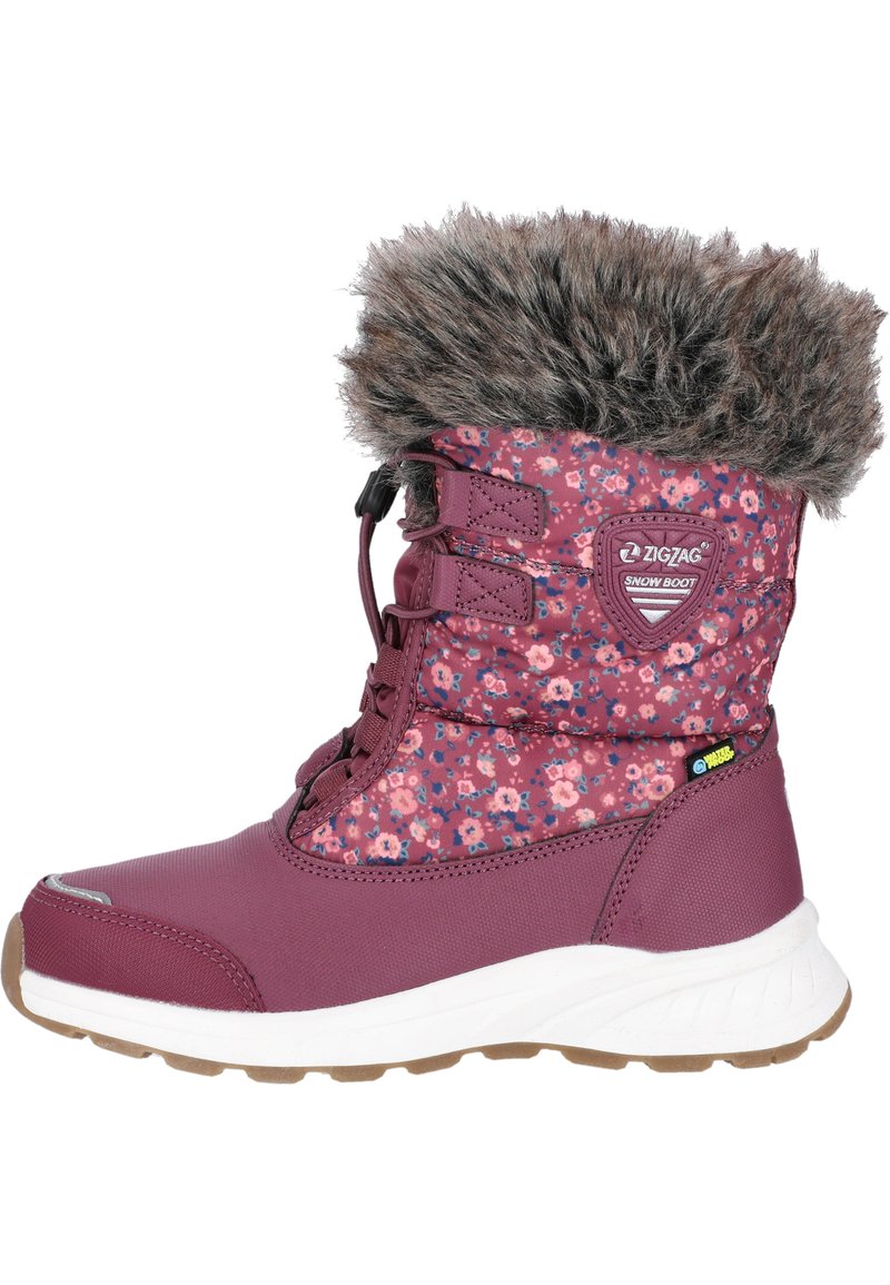 Paars bloempatroon sneeuwlaars met nepbontkraag, gestructureerde synthetische bovenkant, rubberen zool en vetersluiting voor een veilige pasvorm. Lichtgewicht ontwerp.