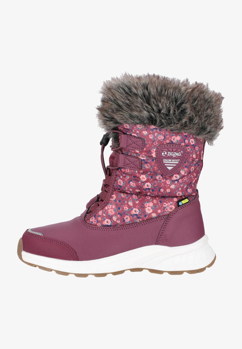 Lila blommig snöboot med konstgjord pälskrage, texturerad syntetisk ovandel, gummisula och snörning för en säker passform. Lättviktsdesign.