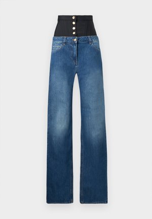 High-waisted jeans featuring a black, textured waist with gold buttons, in medium-blue faded denim, wide-leg cut with a straight fit.