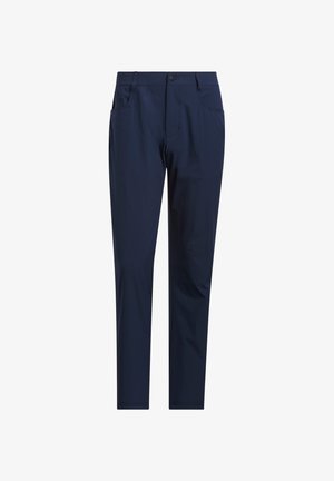 Pantalones azul marino de corte ajustado con trabillas para cinturón, botón delantero, cierre de cremallera y bolsillos delanteros, exhibidos sobre un fondo blanco.