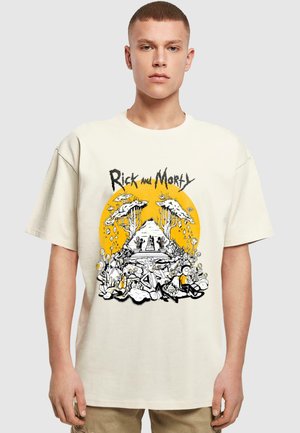 Cream cotton t-shirt featuring a black and yellow graphic print with characters and elements from "Rick and Morty," relaxed fit, short sleeves.