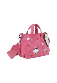 Borsa a mano rosa realizzata in materiale testurizzato, dotata di due manici, una tracolla regolabile e vari disegni applicati, tra cui un personaggio e della frutta.