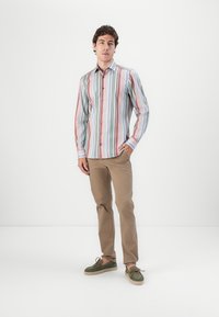 Striped button-up shirt in pastel colors, beige trousers, and green suede shoes. The shirt has a regular collar and long sleeves.