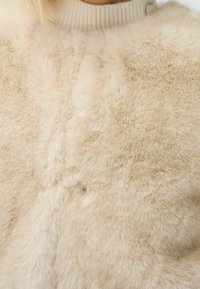 Suéter de piel sintética beige con una textura suave y esponjosa y cuello acanalado. Cuenta con una costura frontal y un detalle plateado en el hombro.