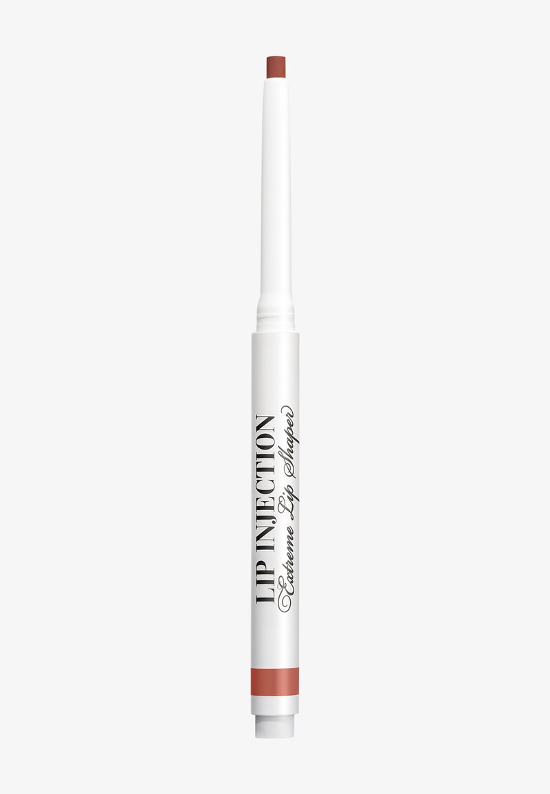 Slanke witte liplinerpotlood met het label "Lip Injection Extreme Lip Shaper" en een intrekbare rozekleurige nude punt, uitgeschoven weergegeven.