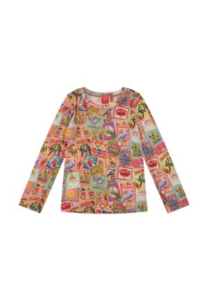 Langarmshirt gemaakt van zachte stof met een kleurrijk patroon van dieren, bloemen en ansichtkaarten op een pastelkleurige achtergrond. Ontwerp met ronde hals.