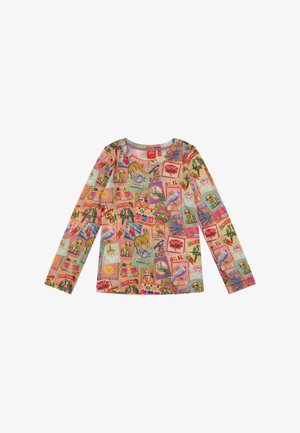 Langarmshirt gemaakt van zachte stof met een kleurrijk patroon van dieren, bloemen en ansichtkaarten op een pastelkleurige achtergrond. Ontwerp met ronde hals.