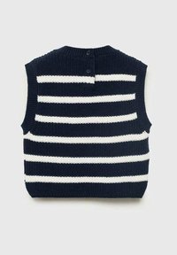 Top senza maniche lavorato a maglia con strisce orizzontali blu navy e bianche, scollo rotondo e tre bottoni sul retro. Tessuto testurizzato.