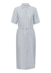 Robe chemise à rayures bleu et blanche en tissu léger, avec des manches courtes, un devant boutonné et une ceinture à la taille pour un ajustement réglable.