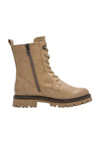 Bottine couleur tan en cuir synthétique, avec un laçage à l'avant, une fermeture éclair sur le côté, une semelle robuste et un petit talon carré.