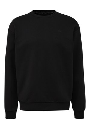 Schwarzer Sweatshirt mit Rundhalsausschnitt, langen Ärmeln, gerippten Bündchen und Saum, mit einem dezenten Logo auf der Brust, aus weichem Baumwollmaterial gefertigt.
