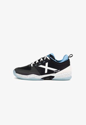 Black athletic shoe with a white X logo, blue accents, and a speckled white sole. Features mesh material and a textured toe area.